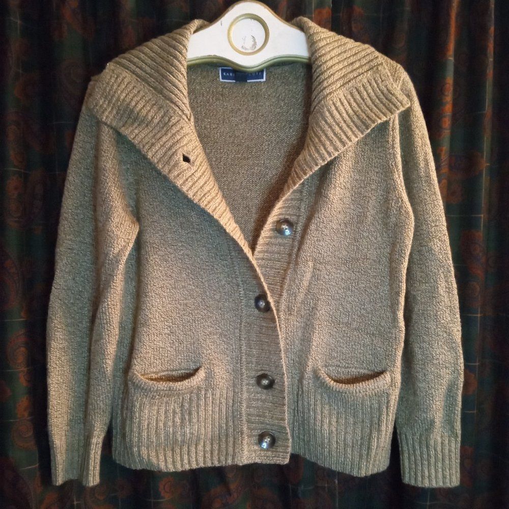 NWOT KAREN SCOTT Button-Front Knit Cardigan 2 front pockets M Brown
